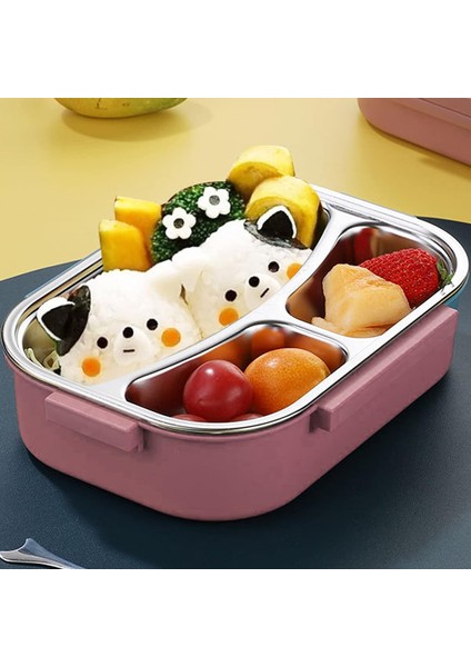 1 Litre 3 Bölmeli Pembe 304 Paslanmaz Çelik Hazneli Beslenme Kabı Lunch Box Beslenme Kutusu Sefer Tası Yemek Taşıma Kabı