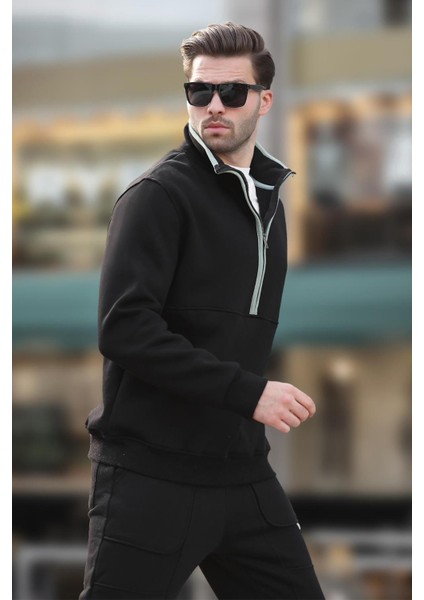 Siyah Dik Yaka Yarım Fermuarlı Sweatshirt 7079
