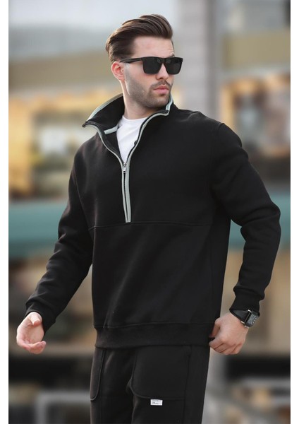 Siyah Dik Yaka Yarım Fermuarlı Sweatshirt 7079 fiyatları