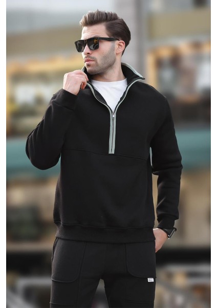 Siyah Dik Yaka Yarım Fermuarlı Sweatshirt 7079 modelleri