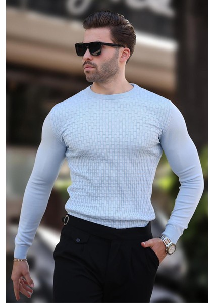 Mavi Desenli Erkek Triko Kazak 7266