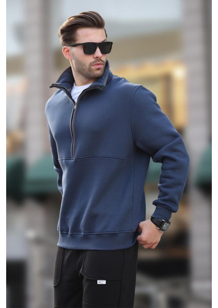 Lacivert Dik Yaka Yarım Fermuarlı Sweatshirt 7079