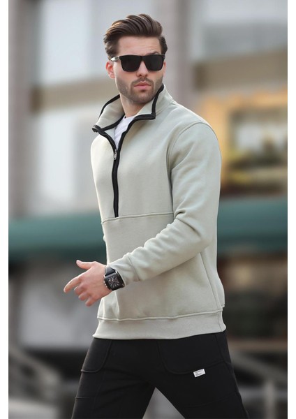 Çağla Yeşili Dik Yaka Yarım Fermuarlı Sweatshirt 7079