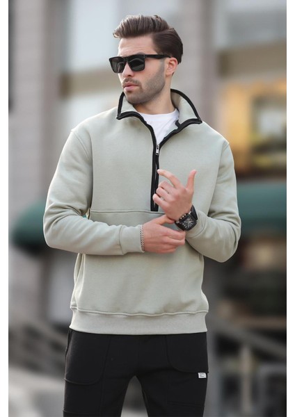 Çağla Yeşili Dik Yaka Yarım Fermuarlı Sweatshirt 7079 fiyatları