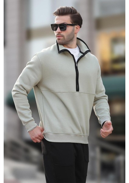 Çağla Yeşili Dik Yaka Yarım Fermuarlı Sweatshirt 7079 modelleri