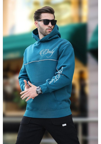 Petrol Mavisi Kapüşonlu Şerit Detaylı Baskılı Erkek Sweatshirt 7091 fiyatları