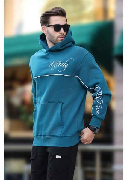 Petrol Mavisi Kapüşonlu Şerit Detaylı Baskılı Erkek Sweatshirt 7091 modelleri