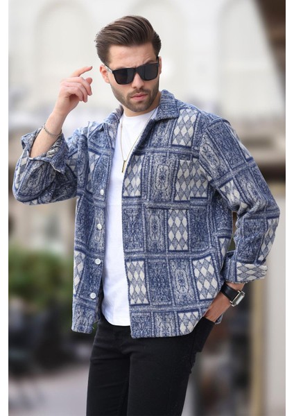 Lacivert Desenli Tek Cepli Erkek Polar Gömlek 6751