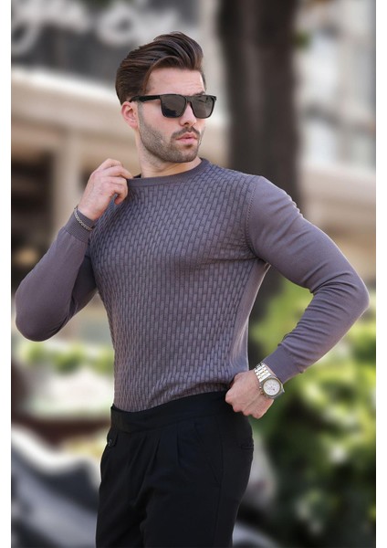 Koyu Gri Desenli Erkek Triko Kazak 7266 modelleri