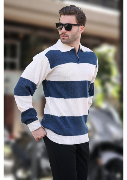 Bej Fermuar Yaka Renk Bloklu Uzun Kollu Kazak 7280