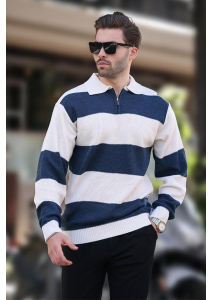 Bej Fermuar Yaka Renk Bloklu Uzun Kollu Kazak 7280 fiyatları