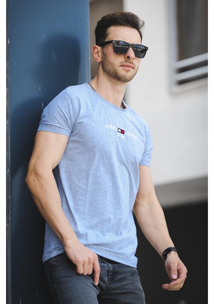 Army Nakışlı Slim Fit Dar Kesim Likralı Erkek Tshirt