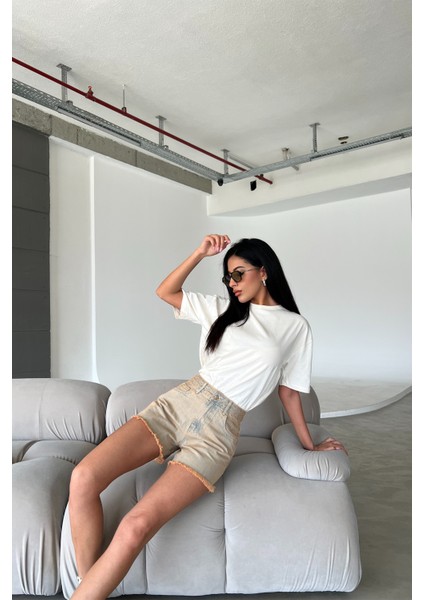 Tintli Fermuarlı Jean Mini Kadın Denim Kot Şort