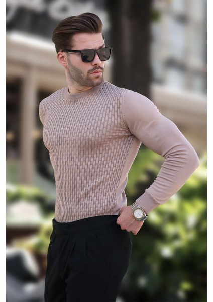 Bej Desenli Erkek Triko Kazak 7266