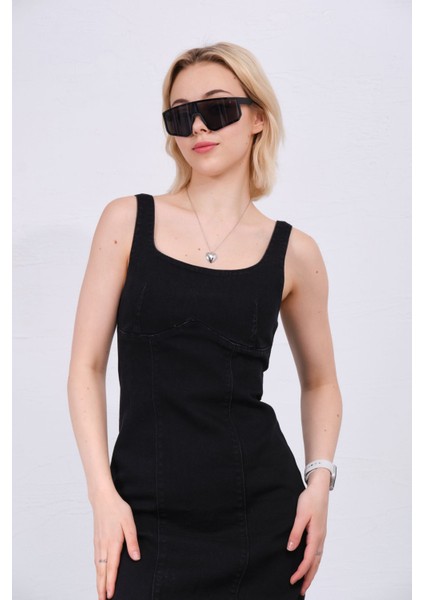 Arka Fermuarlı Yırtmaçlı Geniş Askılı Jean Denim Maksi Kadın Elbise @berlin modelleri