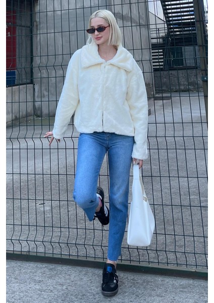 Ekru Yakalı Yumuşak Dokulu Astarlı Kadın Peluş Kürk MG2178 fırsatları