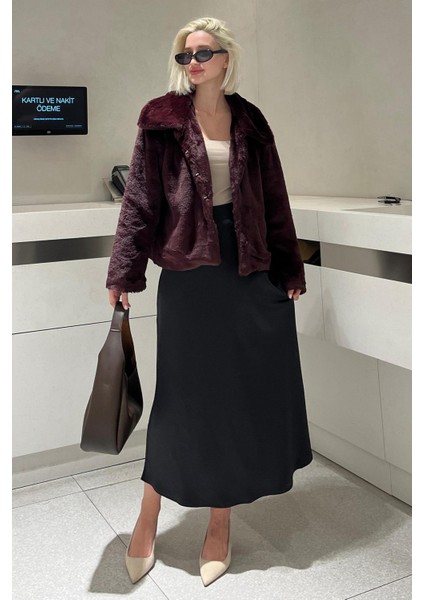 Bordo Yakalı Yumuşak Dokulu Astarlı Kadın Peluş Kürk MG2178 fırsatları