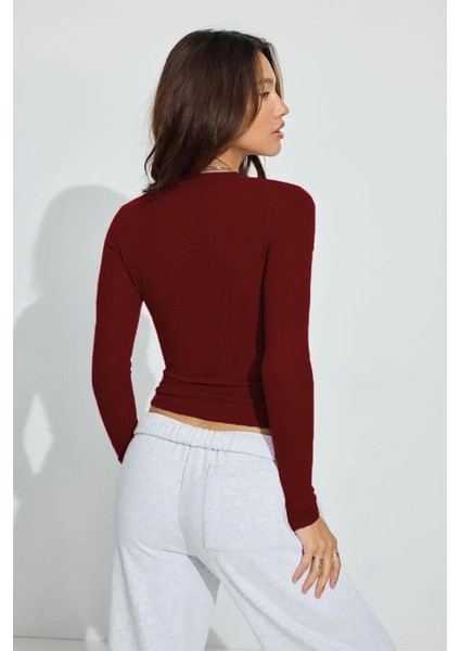 Bordo V Yaka Uzun Kollu Kaşkorse Bodysuit MG2192