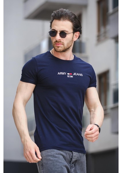 Army Nakışlı Slim Fit Dar Kesim Likralı Erkek Tshirt
