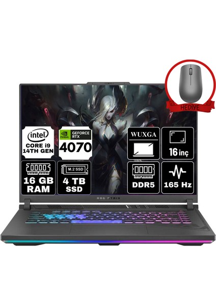 Rog Strıx G16 Intel Core I9-14900HX 16GB 4tb SSD RTX4070/8GB 16" Wuxga 165Hz Freedos Taşınabilir Bilgisayar G614JIR-N3087-A8 & Anzar Mouse