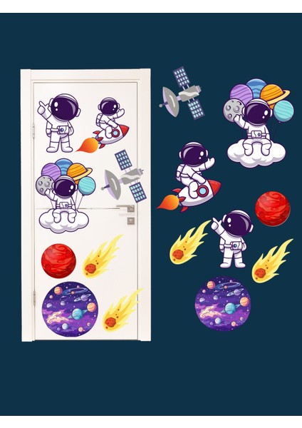 Astronot - Uzay- Gezegen - Kapı Duvar Çocuk Odası Sticker - 8 Li Set