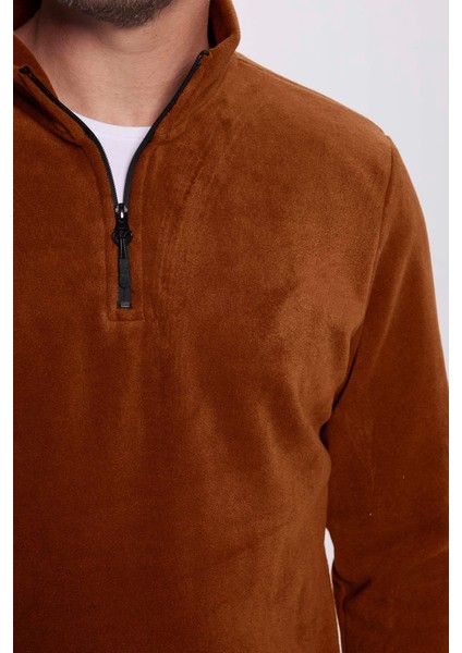Unisex Standart Fit Rahat Kesim Tüylenme Yapmayan Soğuk Geçirmez Kahverengi Polar Sweatshirt fırsatları