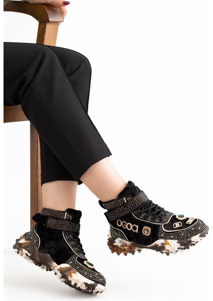 24K351 Kadın Taşlı Kadife Casual Bootie Siyah