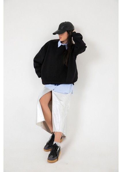 3 Iplik Şardonlu Oversize Düşük Omuz Pamuklu Kadın Sweatshirt