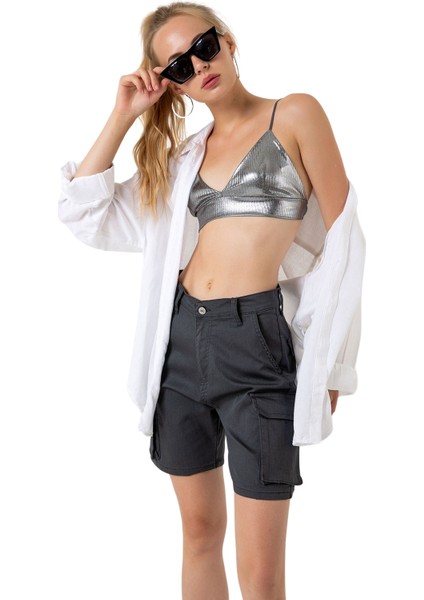 Kargo Cepli Fermuarlı Esnek Dokuma Kumaş Pamuklu Kadın Bermuda Şort