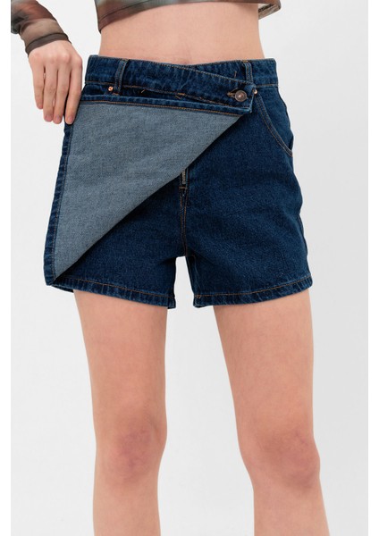 Tek Düğme, Fermuarlı Denim Şort Kot Kadın Jean Etek