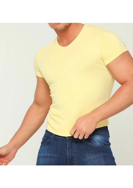 Erkek Basic V yaka Açık Sarı Tshirt