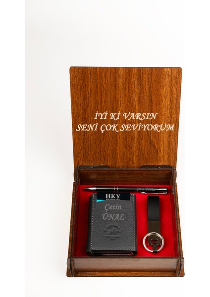 West Polo Westpolo Ahşap Kutulu Mekanizmalı Isme Özel Erkek Cüzdan Kalem Anahtarlık Set