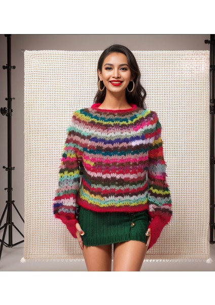 Çok Renkli El Örgüsü Tasarım Kırmızı Yeşil Balon Kollu Mevsimlik Kazak