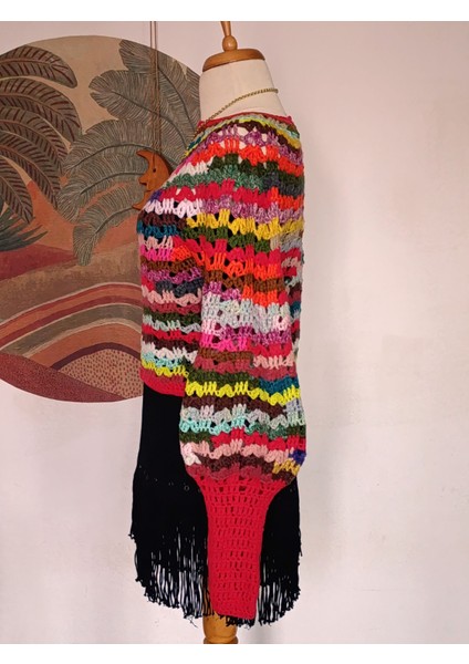 Çok Renkli El Örgüsü Tasarım Kırmızı Yeşil Balon Kollu Mevsimlik Kazak indirimleri