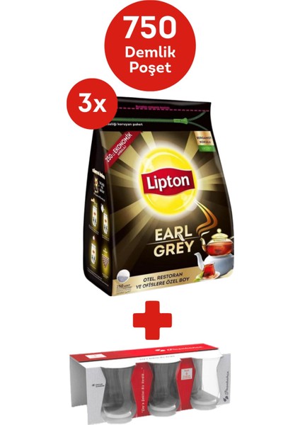 Earl Grey Demlik Poşet Çay 250LI x 3 Adet + Hediye Paşabahce Çay Bardağı 6lı