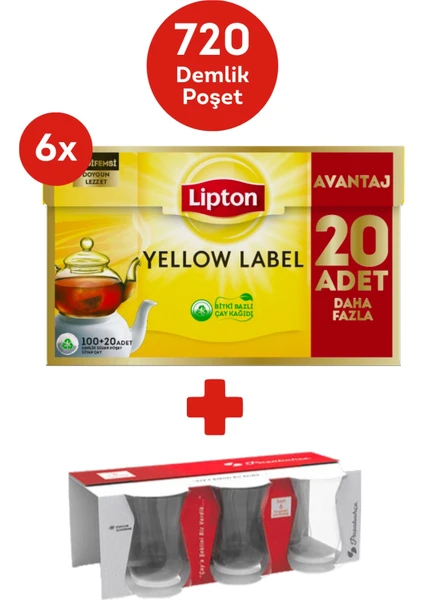 Yellow Label Demlik Poşet Çay 120LI x 6 Adet + Hediye Paşabahce Çay Bardağı 6lı