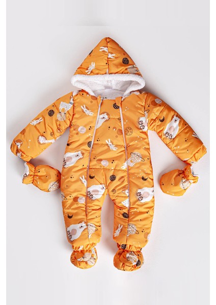 Orman Hayvanları Desenli Eldiven Kapüşon Içi Yünlü Kışlık Kız Erkek Bebek Astronot Tulum Kozmonot