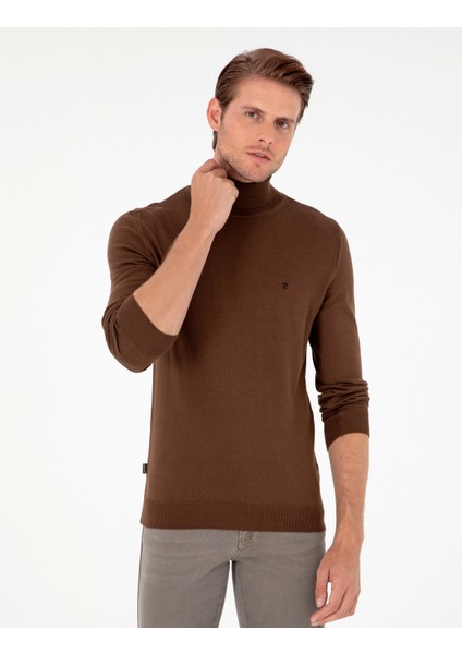 Pierre Cardin Erkek Koyu Kahverengi Slim Fit Balıkçı Yaka Basic Triko Kazak 50296602-VR084