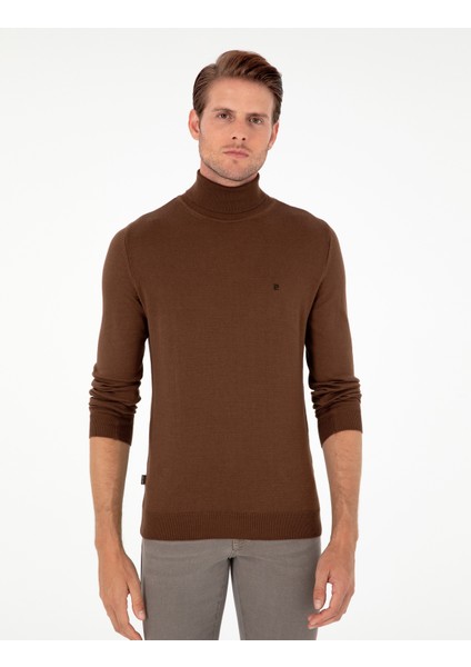 Pierre Cardin Erkek Koyu Kahverengi Slim Fit Balıkçı Yaka Basic Triko Kazak 50296602-VR084