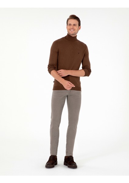 Pierre Cardin Erkek Koyu Kahverengi Slim Fit Balıkçı Yaka Basic Triko Kazak 50296602-VR084