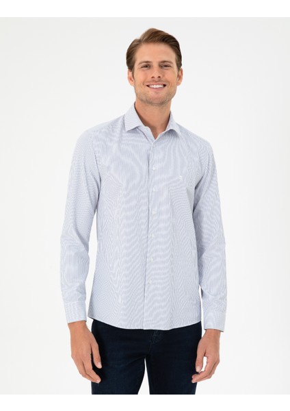 Erkek Açık Mavi Çizgili Slim Fit Uzun Kollu Gömlek 50294159-VR003