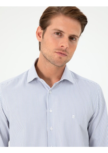 Erkek Açık Mavi Çizgili Slim Fit Uzun Kollu Gömlek 50294159-VR003