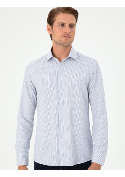 Erkek Açık Mavi Çizgili Slim Fit Uzun Kollu Gömlek 50294159-VR003