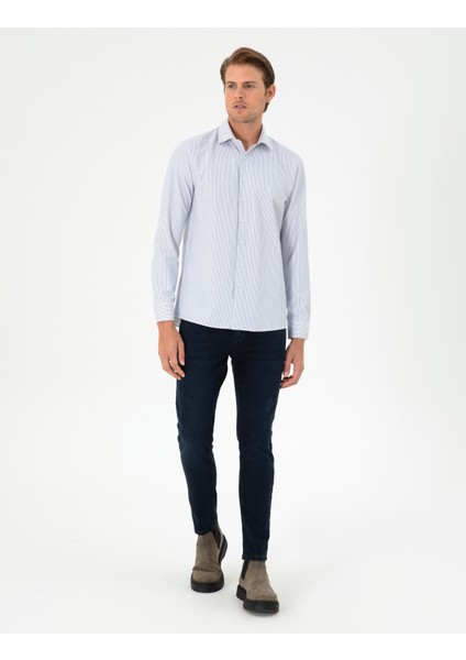 Erkek Açık Mavi Çizgili Slim Fit Uzun Kollu Gömlek 50294159-VR003