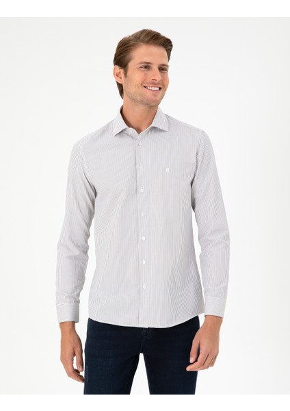 Erkek Kahverengi Çizgili Slim Fit Uzun Kollu Gömlek 50294159-VR029
