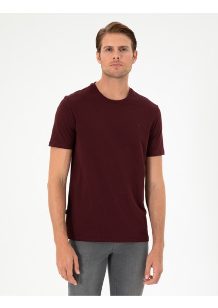 Erkek Bordo %100 Pamuk Slim Fit Bisiklet Yaka Basic Tişört 50306359-VR014