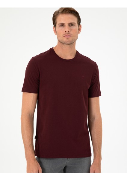 Erkek Bordo %100 Pamuk Slim Fit Bisiklet Yaka Basic Tişört 50306359-VR014