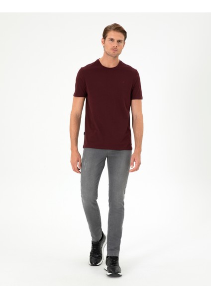 Erkek Bordo %100 Pamuk Slim Fit Bisiklet Yaka Basic Tişört 50306359-VR014