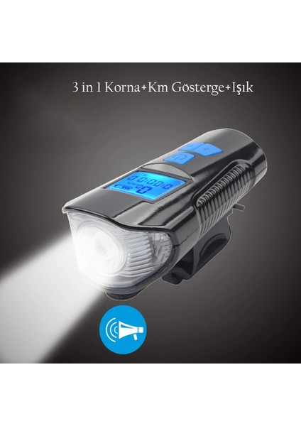 LCD Hız Göstergeli Su Geçirmez 1500MAH Kornalı Bisiklet Feneri Scooter Ön Far Lamba Işık