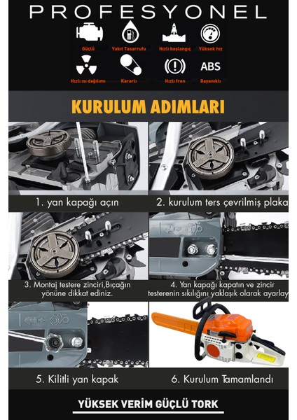 Benzinli Testere Ağaç Odun Dal Kesme Motoru 52 cc 2.9 Hp 8000 Rpm